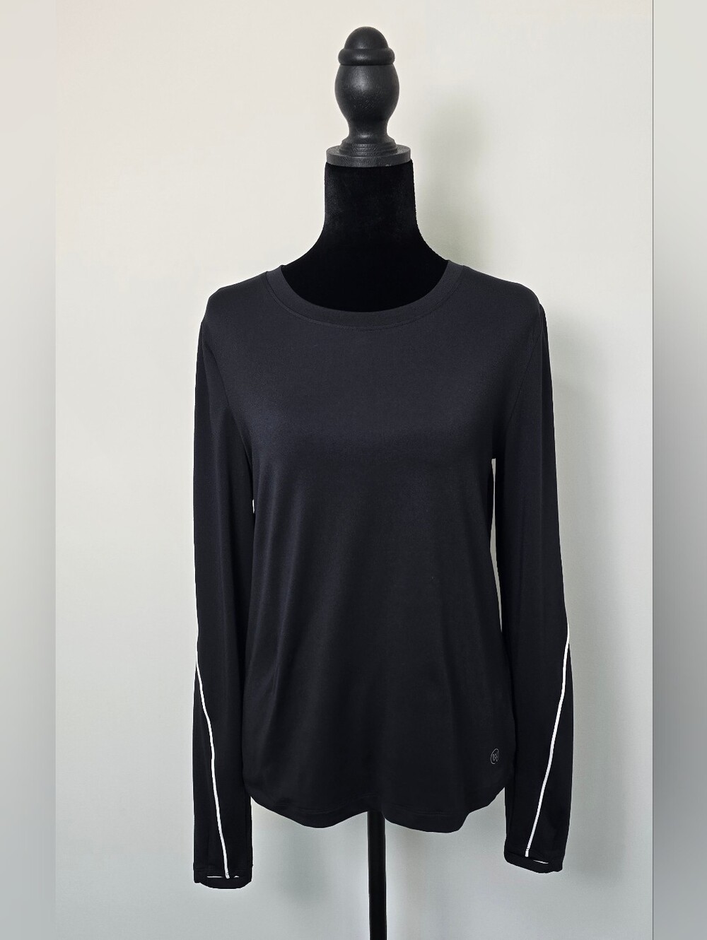We Wander Black Long-Sleeve Crewneck Top with White Sleeve Piping